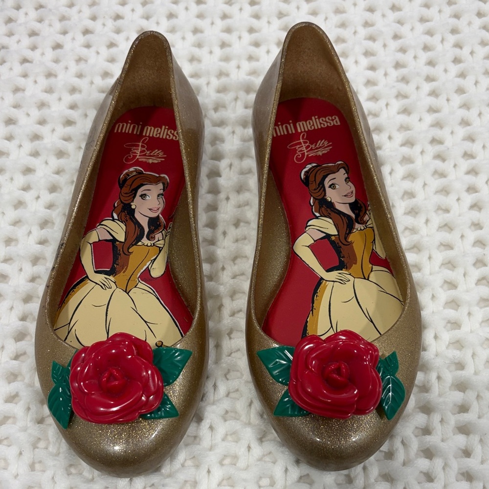 Mini Melissa Disney Belle Gold Shimmer Flatts with Red Rose Detail